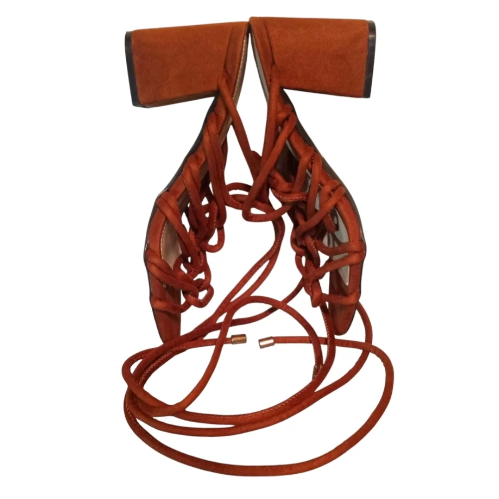 Suede Gladiator Sandals Open-Toe Lace-up Strappy Brown Shoes Women Size 7.5 - Picture 6 of 12